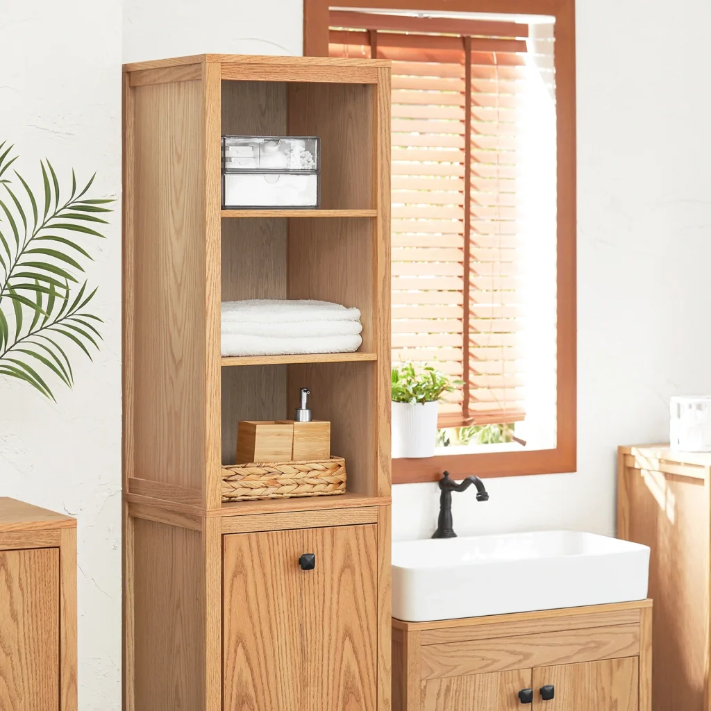 Mobile alto da bagno colonna bagno con portabiancheria armadio da terra 40x35x173cm BZR95-N Naturale - Image 7