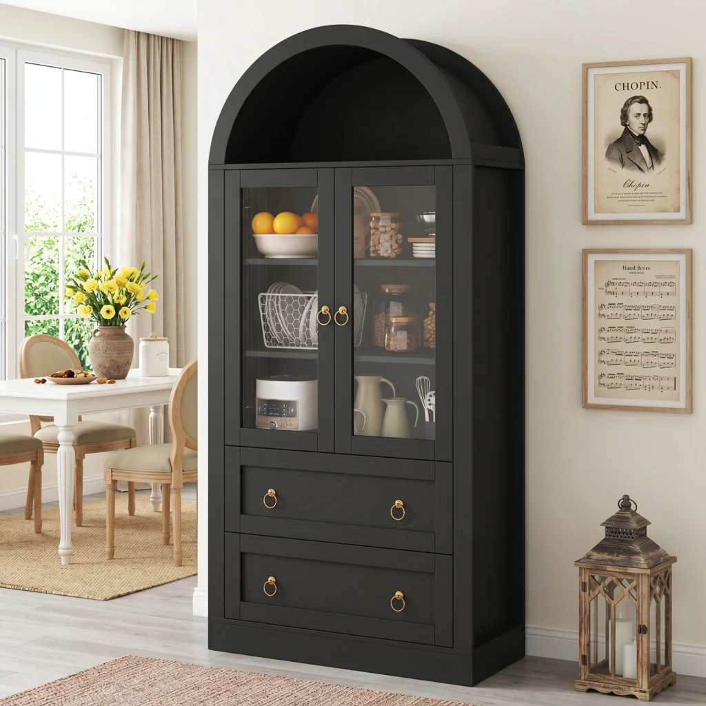 Mobile alto da cucina, mobile contenitore, 2 cassetti, ante in vetro, 80 x 36 x 170 cm, nero
