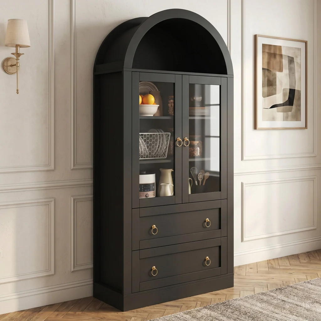 Mobile alto da cucina, mobile contenitore, 2 cassetti, ante in vetro, 80 x 36 x 170 cm, nero - Image 2
