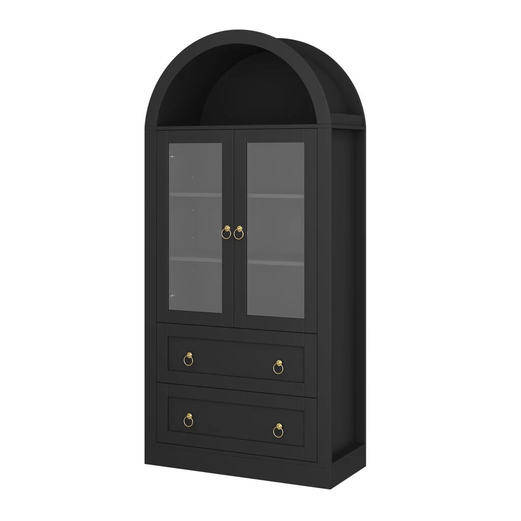 Mobile alto da cucina, mobile contenitore, 2 cassetti, ante in vetro, 80 x 36 x 170 cm, nero - Image 4
