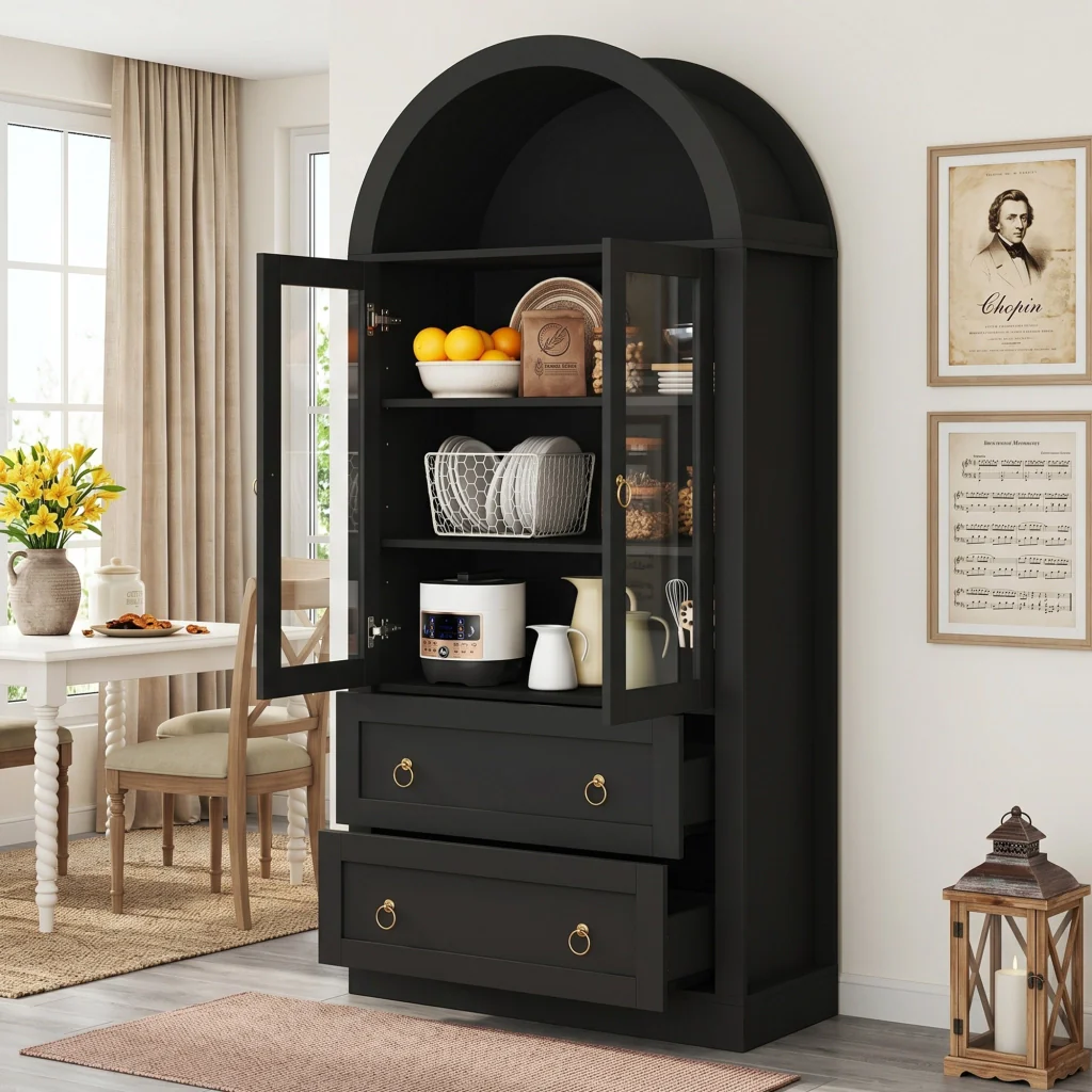 Mobile alto da cucina, mobile contenitore, 2 cassetti, ante in vetro, 80 x 36 x 170 cm, nero - Image 5