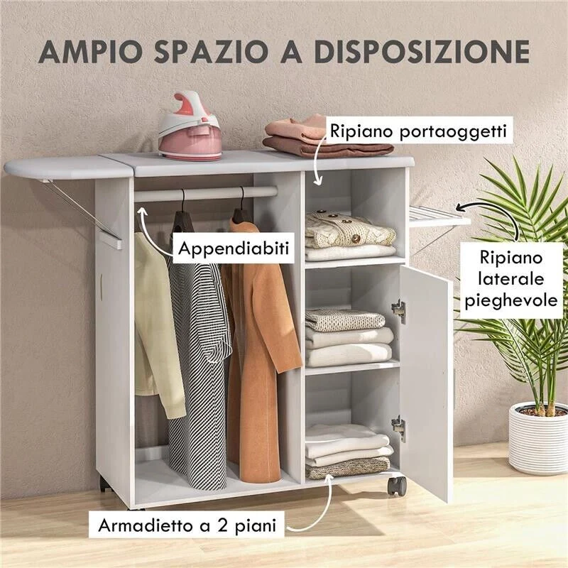 MOBILE ASSE DA STIRO CON PIANO D'APPOGGIO, 3 RIPIANI A CUBO E GUIDA, 107X42.5X99CM, BIANCO - Image 4