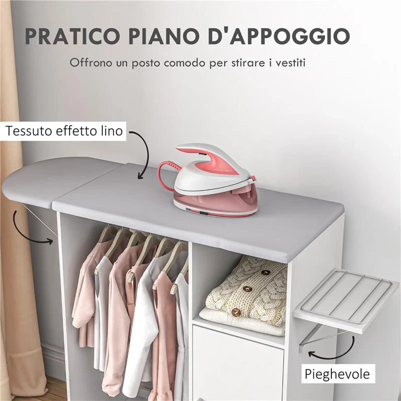 MOBILE ASSE DA STIRO CON PIANO D'APPOGGIO, 3 RIPIANI A CUBO E GUIDA, 107X42.5X99CM, BIANCO - Image 5