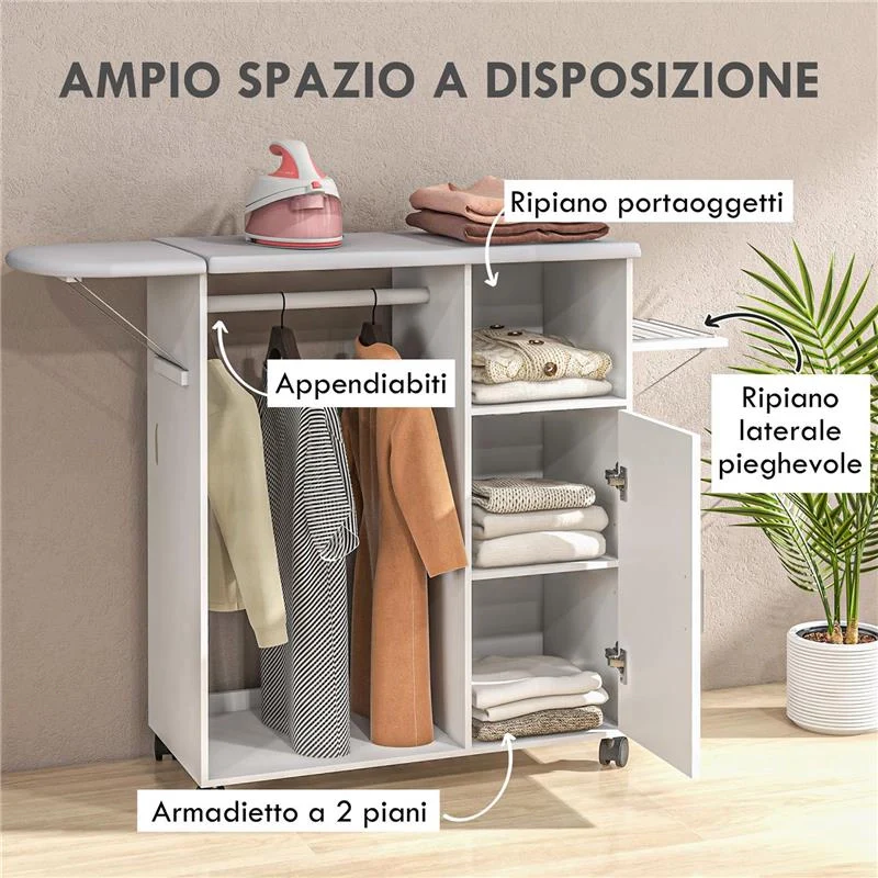 MOBILE ASSE DA STIRO CON PIANO D'APPOGGIO, 3 RIPIANI A CUBO E GUIDA, 107X42.5X99CM, BIANCO - Image 6