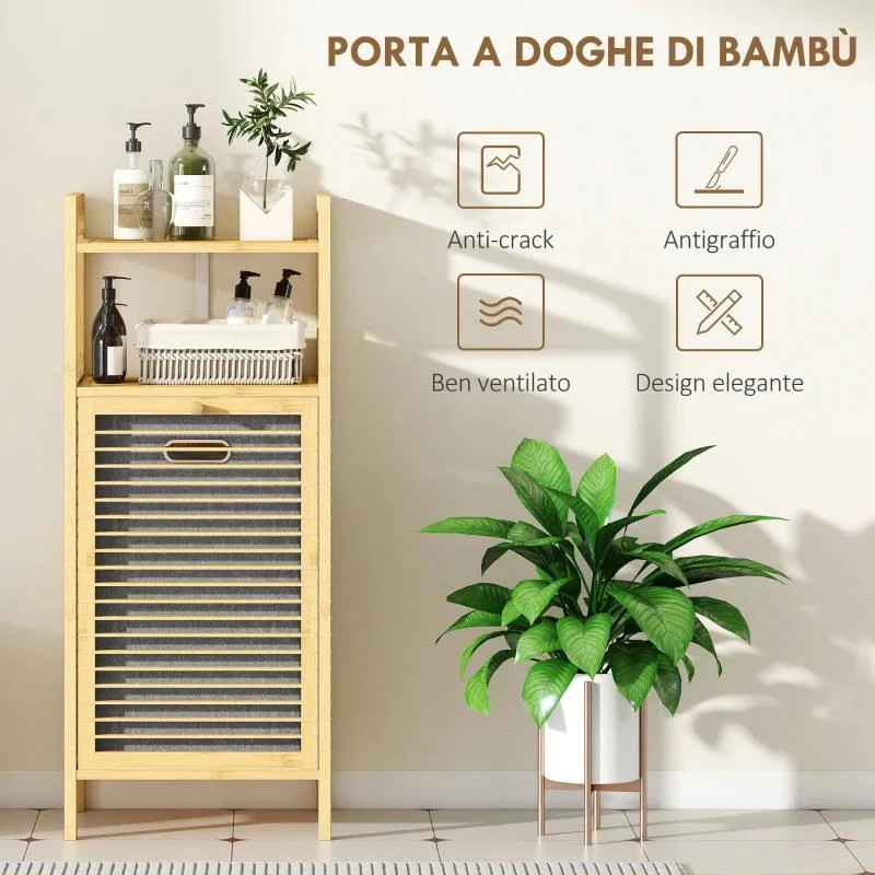 MOBILE BAGNO A DOGHE CON CESTO PORTABIANCHERIA E ARMADIETTO, IN BAMB¨ E POLIESTERE, 40X30X95 CM, GRIGIO E LEGNO - Image 2