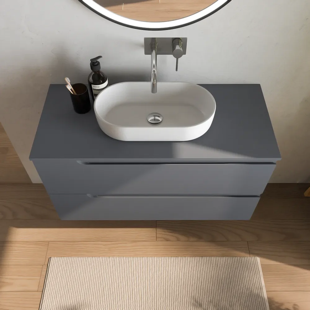 Mobile bagno sospeso 100 cm due cassetti grigio opaco con top | Ardenne - Image 3