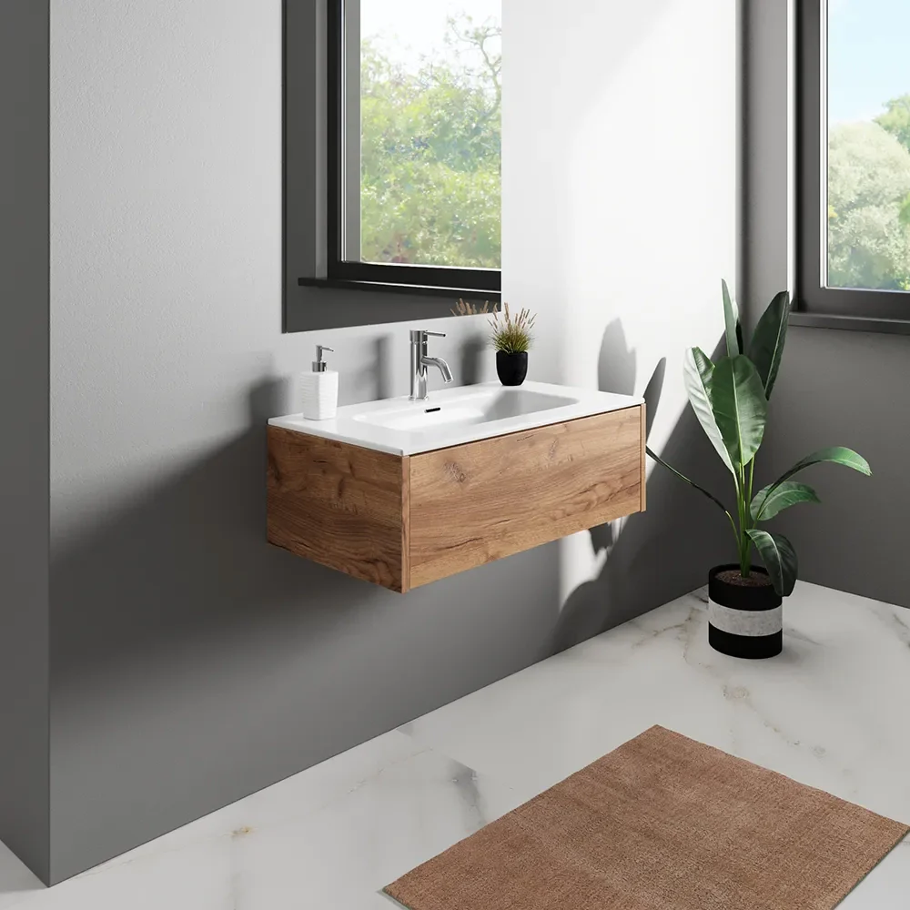 Mobile bagno sospeso 70cm un cassetto apertura push&pull rovere gransasso con lavabo | Galdor - Image 2