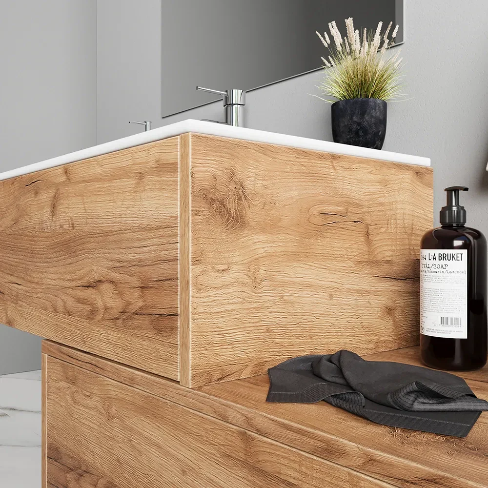 Mobile bagno sospeso modulare 70cm due cassetti apertura push&pull rovere gransasso con lavabo | Galdor - Image 6