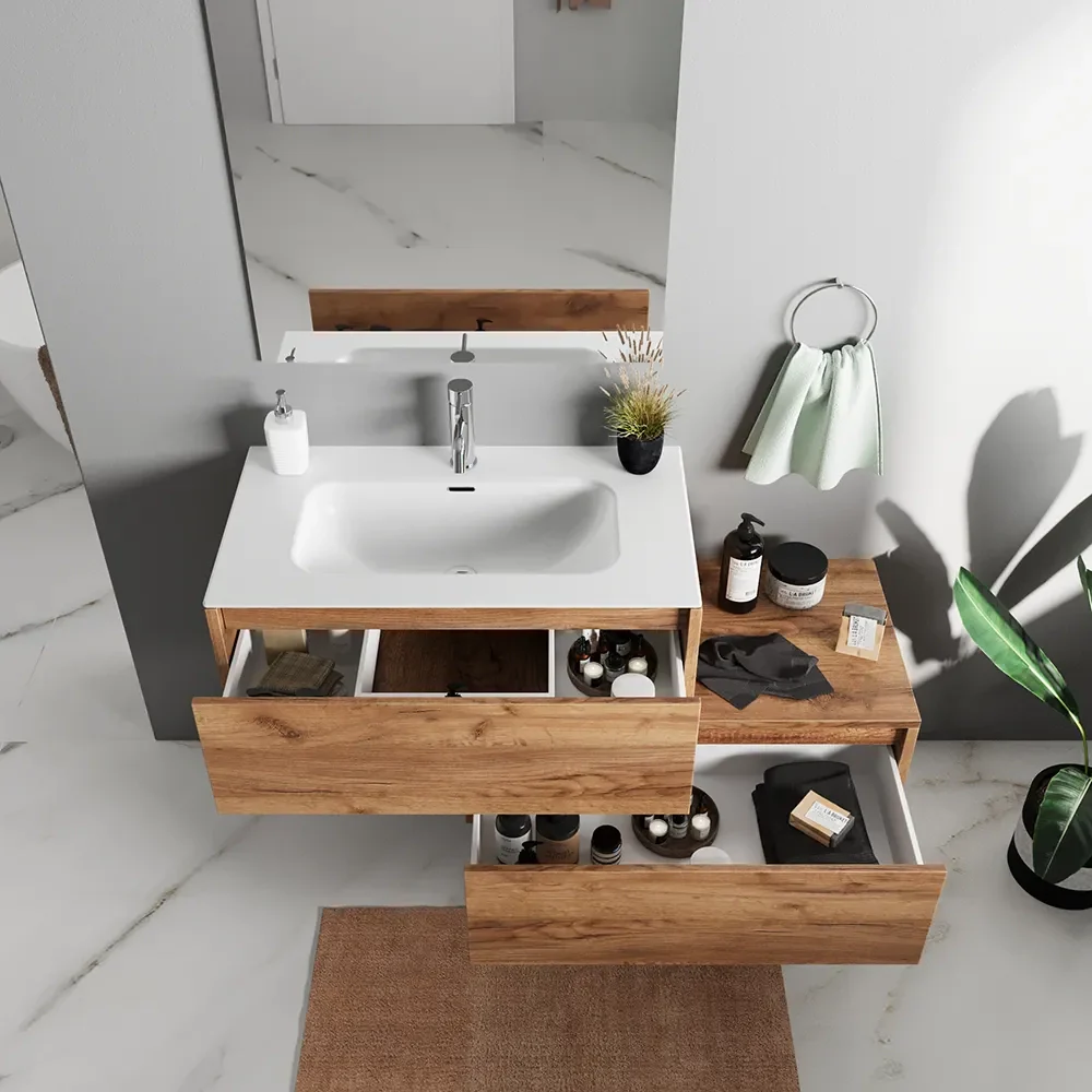 Mobile bagno sospeso modulare 70cm due cassetti apertura push&pull rovere gransasso con lavabo | Galdor - Image 8