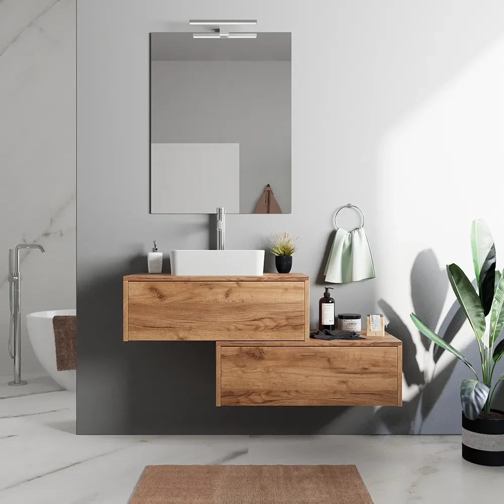 Mobile bagno sospeso modulare 70cm due cassetti apertura push&pull rovere gransasso con top | Galdor