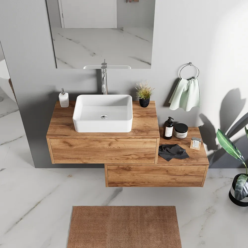 Mobile bagno sospeso modulare 70cm due cassetti apertura push&pull rovere gransasso con top | Galdor - Image 6