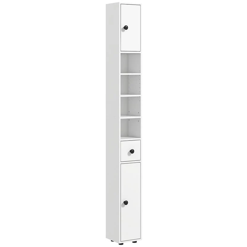 MOBILE COLONNA BAGNO CON CASSETTO, 2 ARMADIETTI E 4 RIPIANI APERTI, IN LEGNO, 20X20X180 CM, BIANCO