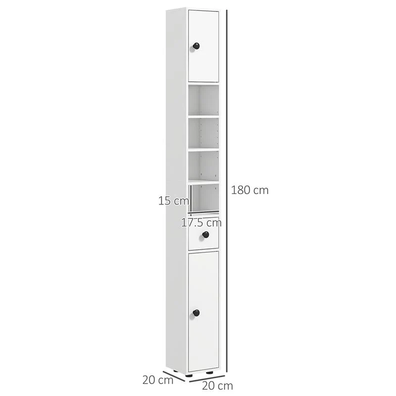 MOBILE COLONNA BAGNO CON CASSETTO, 2 ARMADIETTI E 4 RIPIANI APERTI, IN LEGNO, 20X20X180 CM, BIANCO - Image 2