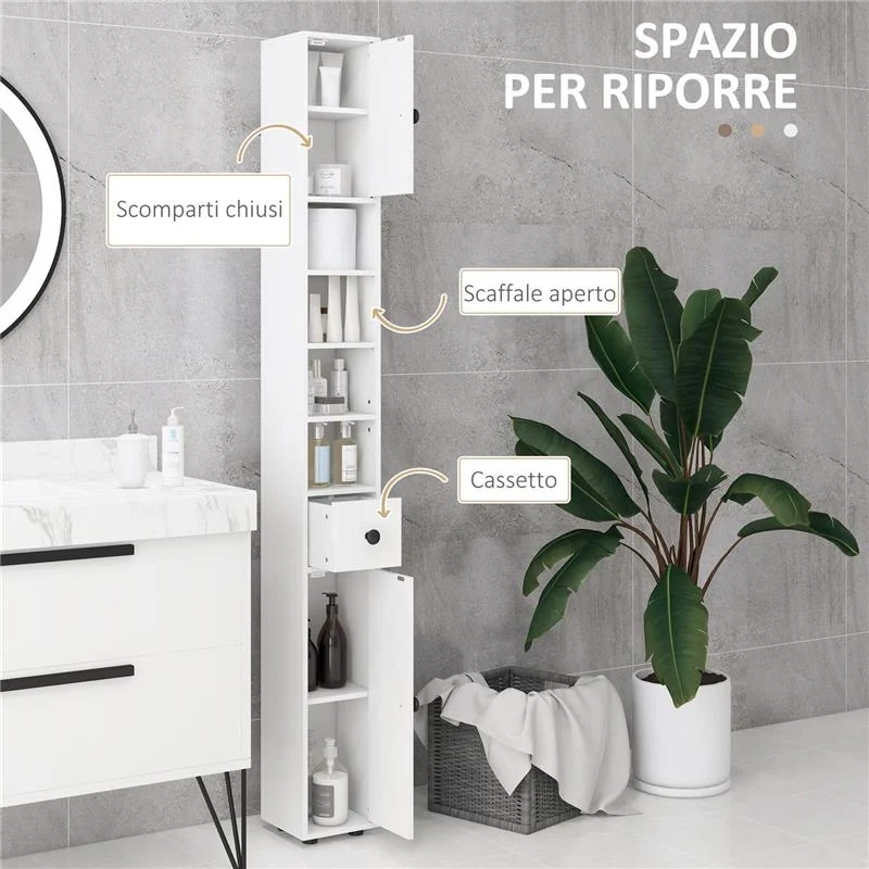 MOBILE COLONNA BAGNO CON CASSETTO, 2 ARMADIETTI E 4 RIPIANI APERTI, IN LEGNO, 20X20X180 CM, BIANCO - Image 5