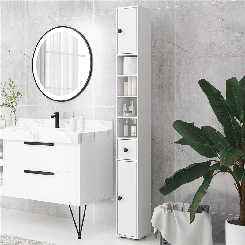 MOBILE COLONNA BAGNO CON CASSETTO, 2 ARMADIETTI E 4 RIPIANI APERTI, IN LEGNO, 20X20X180 CM, BIANCO - Image 6