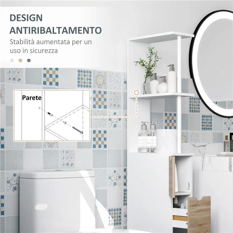 MOBILE COLONNA BAGNO SALVASPAZIO CON ARMADIETTO RIPIANI E CASSETTI 15X33X136 CM COLORE LEGNO - Image 5