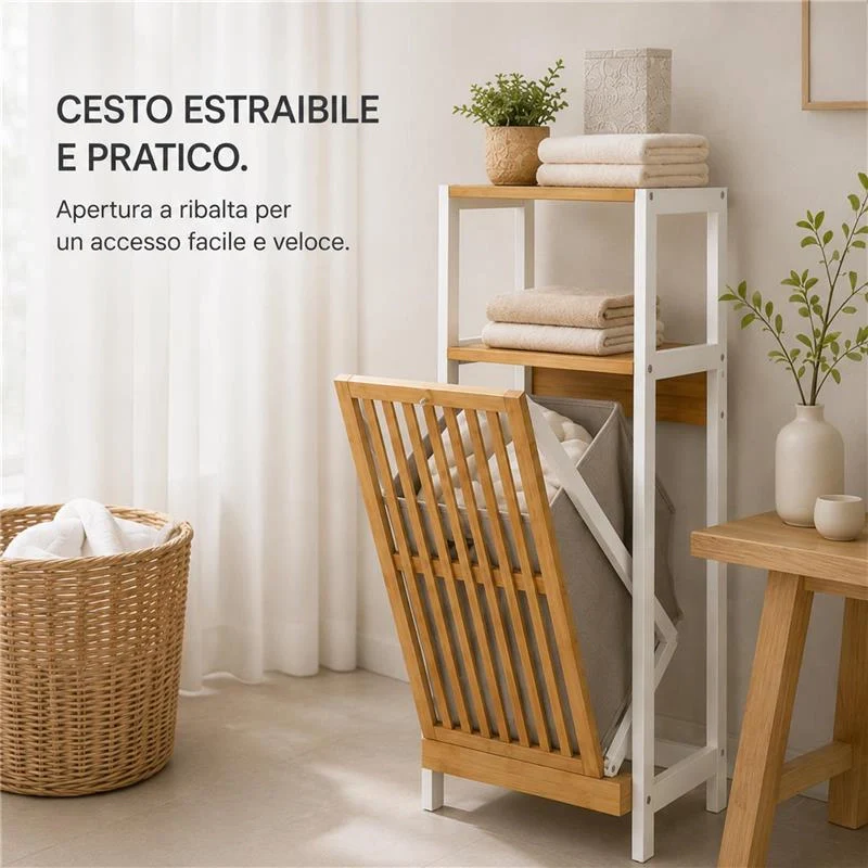 MOBILE DA BAGNO IN LEGNO CON ANTA E RIPIANO IN BAMBOO E PORTABIANCHERIA IN TESSUTO - COLORE BIANCO DIMENSIONI 36X33X98 CM - Image 3