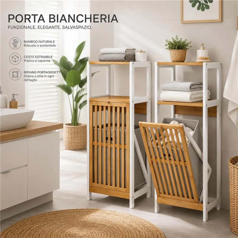 MOBILE DA BAGNO IN LEGNO CON ANTA E RIPIANO IN BAMBOO E PORTABIANCHERIA IN TESSUTO - COLORE BIANCO DIMENSIONI 36X33X98 CM - Image 4