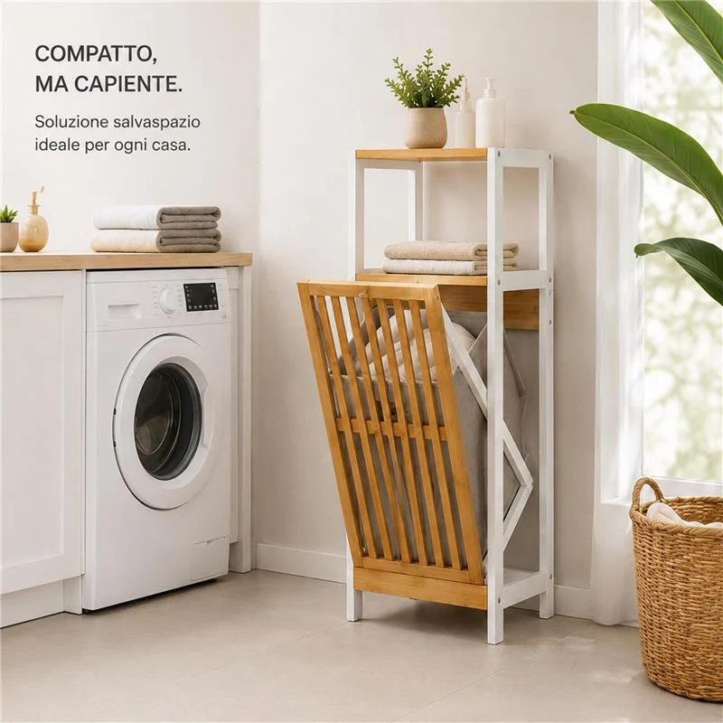MOBILE DA BAGNO IN LEGNO CON ANTA E RIPIANO IN BAMBOO E PORTABIANCHERIA IN TESSUTO - COLORE BIANCO DIMENSIONI 36X33X98 CM - Image 6