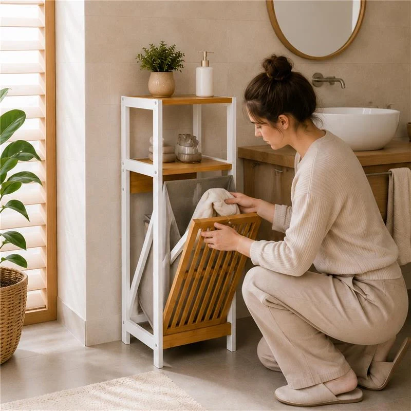 MOBILE DA BAGNO IN LEGNO CON ANTA E RIPIANO IN BAMBOO E PORTABIANCHERIA IN TESSUTO - COLORE BIANCO DIMENSIONI 36X33X98 CM - Image 7