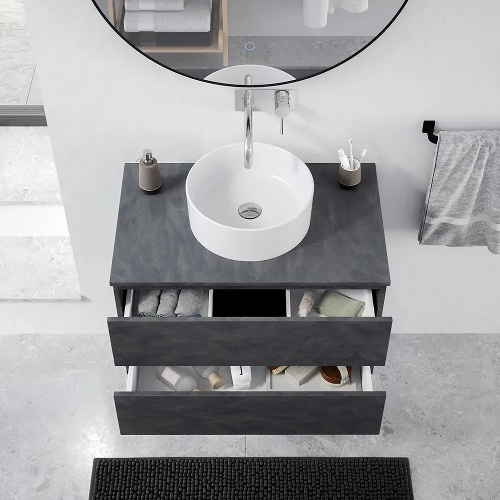 Mobile da bagno sospeso 100 cm effetto cemento scuro con top | Yili - Image 9