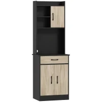 Mobile Dispensa in Legno con Cassetto, 2 Ripiani Aperti e Armadietti, 60x40x180 cm, Nero e color Legno