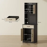 Mobile Dispensa in Legno con Cassetto, 2 Ripiani Aperti e Armadietti, 60x40x180 cm, Nero e color Legno - Image 3