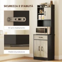 Mobile Dispensa in Legno con Cassetto, 2 Ripiani Aperti e Armadietti, 60x40x180 cm, Nero e color Legno - Image 5