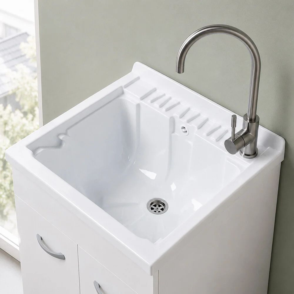 Mobile lavatoio 60x40 cm bianco opaco con due ante e vasca incluso di asse di lavaggio e kit di scarico Medea - Image 3