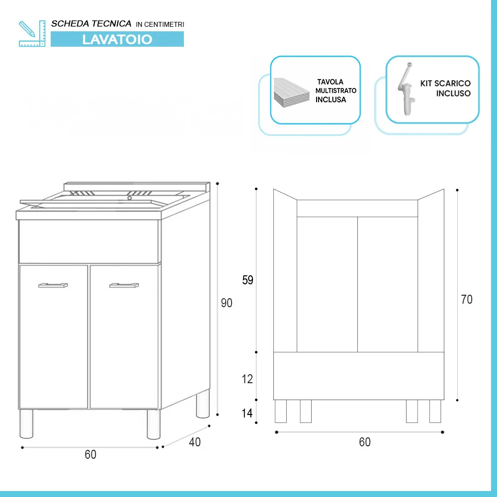 Mobile lavatoio 60x40 cm bianco opaco con due ante e vasca incluso di asse di lavaggio e kit di scarico Medea - Image 4