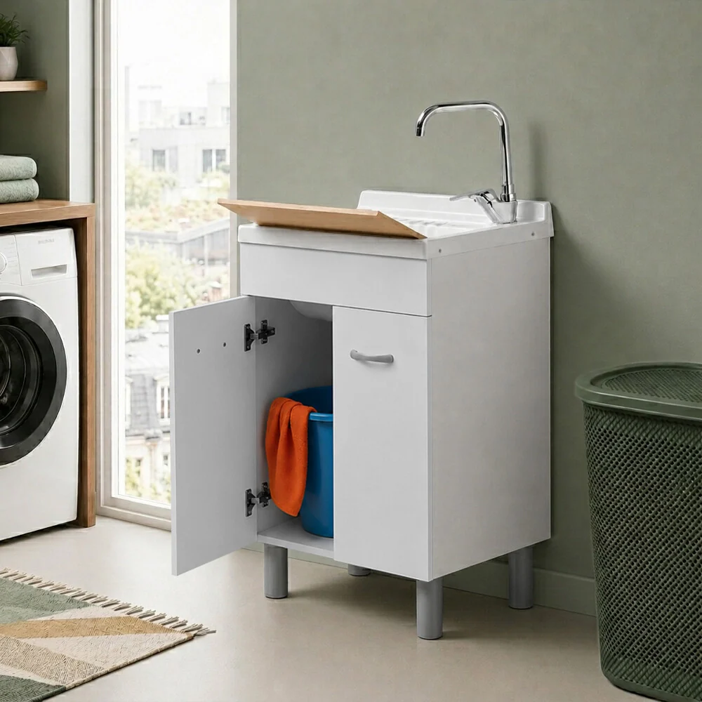 Mobile lavatoio 60x40 cm bianco opaco con due ante e vasca incluso di asse di lavaggio e kit di scarico Medea - Image 5