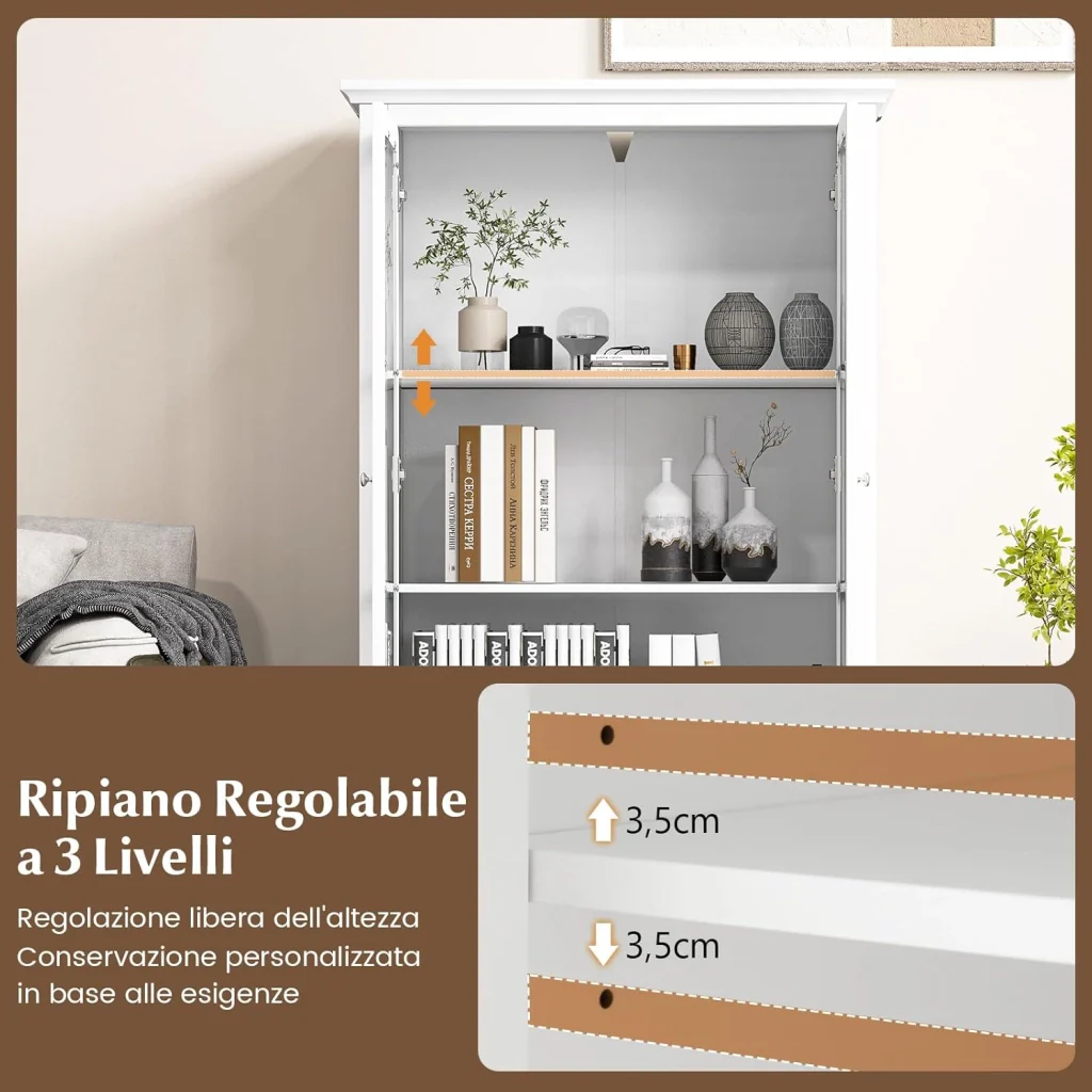Mobile Libreria, Vetrinetta Espositiva Alta con Ante in Vetro Temperato, Libreria Verticale in legno con Ripiani Regolabili e Cassetto, per Soggiorno, Camera da Letto, 80 x 40 x 139 cm - Image 4