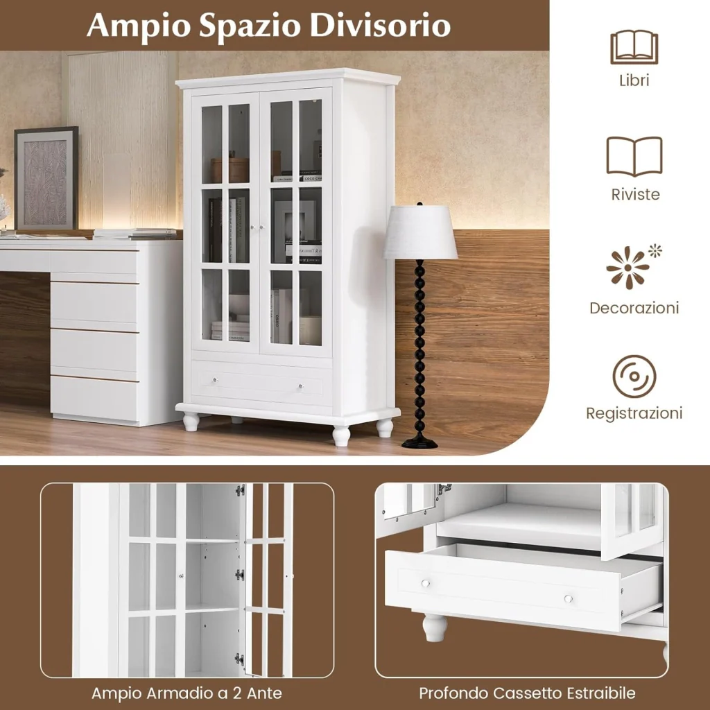 Mobile Libreria, Vetrinetta Espositiva Alta con Ante in Vetro Temperato, Libreria Verticale in legno con Ripiani Regolabili e Cassetto, per Soggiorno, Camera da Letto, 80 x 40 x 139 cm - Image 5