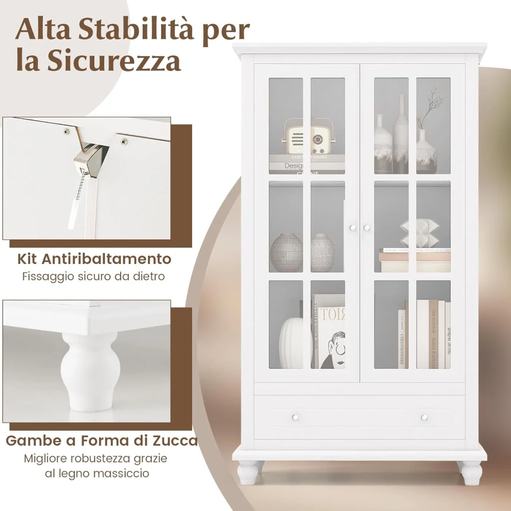 Mobile Libreria, Vetrinetta Espositiva Alta con Ante in Vetro Temperato, Libreria Verticale in legno con Ripiani Regolabili e Cassetto, per Soggiorno, Camera da Letto, 80 x 40 x 139 cm - Image 7