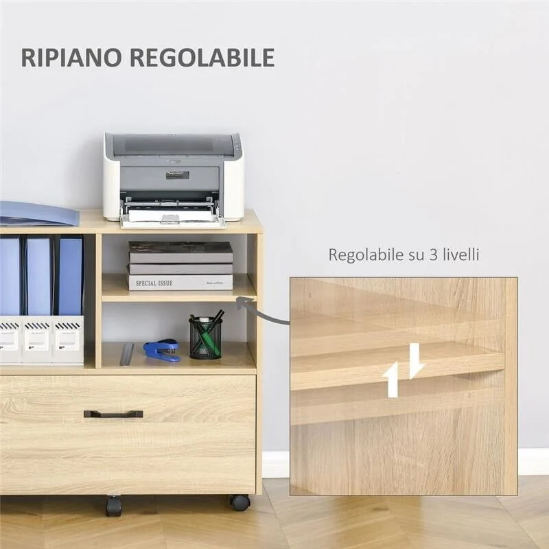 MOBILE MULTIUSO CON 5 RUOTE E RIPIANO REGOLABILE 77X40X73CM LEGNO NATURALE - Image 7