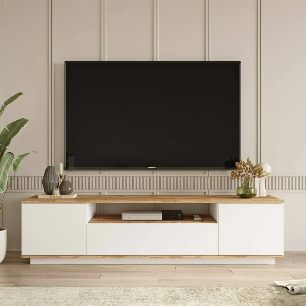 Mobile porta TV Asellina, Credenza da soggiorno, Armadio basso per TV, Base parete attrezzata, 180x45h45 cm, Quercia e Bianco - Image 4