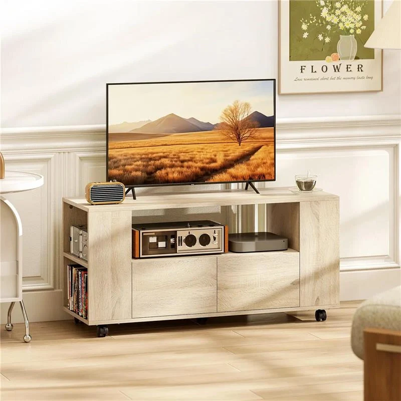 MOBILE PORTA TV DA 42" CON RUOTE GIREVOLI E FRENO, RIPIANI REGOLABILI E CASSETTI, 102X34.5X48.5 CM, LEGNO