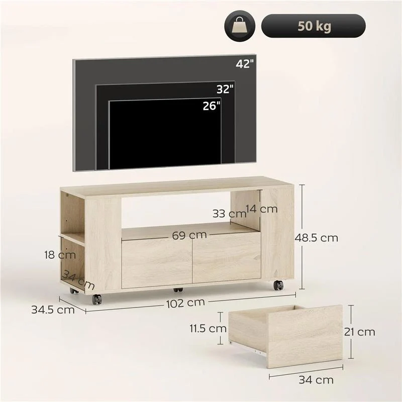 MOBILE PORTA TV DA 42" CON RUOTE GIREVOLI E FRENO, RIPIANI REGOLABILI E CASSETTI, 102X34.5X48.5 CM, LEGNO - Image 2