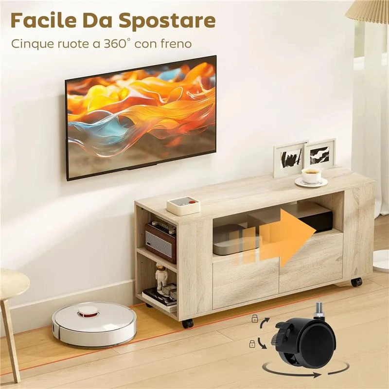 MOBILE PORTA TV DA 42" CON RUOTE GIREVOLI E FRENO, RIPIANI REGOLABILI E CASSETTI, 102X34.5X48.5 CM, LEGNO - Image 3