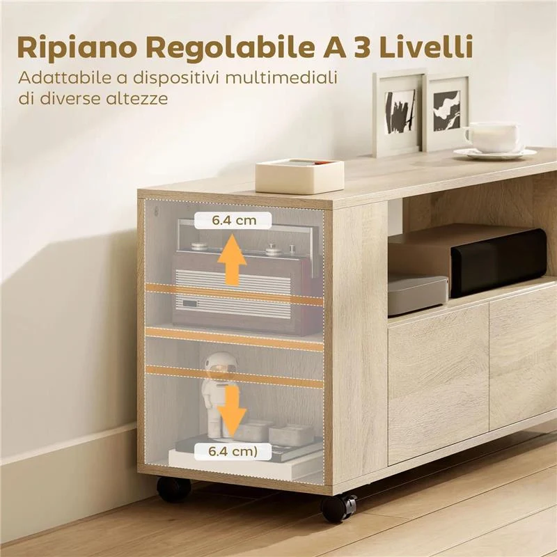 MOBILE PORTA TV DA 42" CON RUOTE GIREVOLI E FRENO, RIPIANI REGOLABILI E CASSETTI, 102X34.5X48.5 CM, LEGNO - Image 4