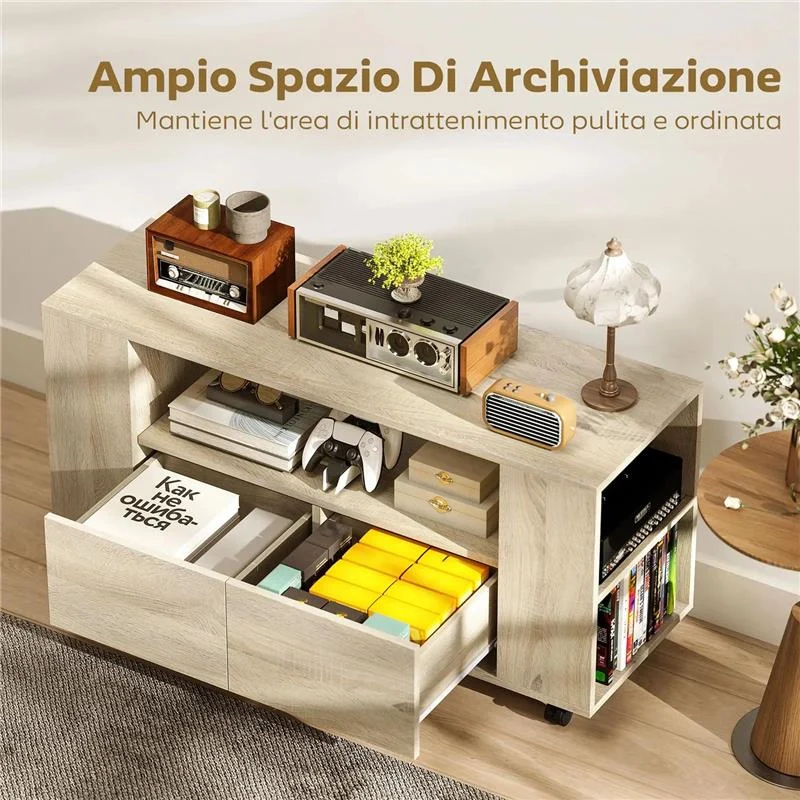 MOBILE PORTA TV DA 42" CON RUOTE GIREVOLI E FRENO, RIPIANI REGOLABILI E CASSETTI, 102X34.5X48.5 CM, LEGNO - Image 5