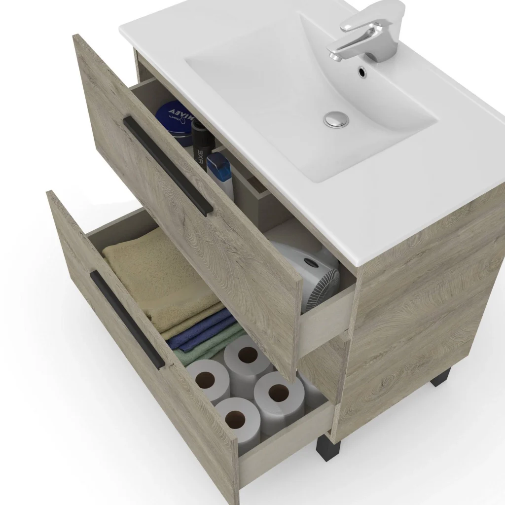 Mobile sottolavabo Elleboro, Mobiletto per bagno, Armadio a 3 cassetti e specchio, lavabo non incluso, 80x45h86 cm, Quercia - Image 5