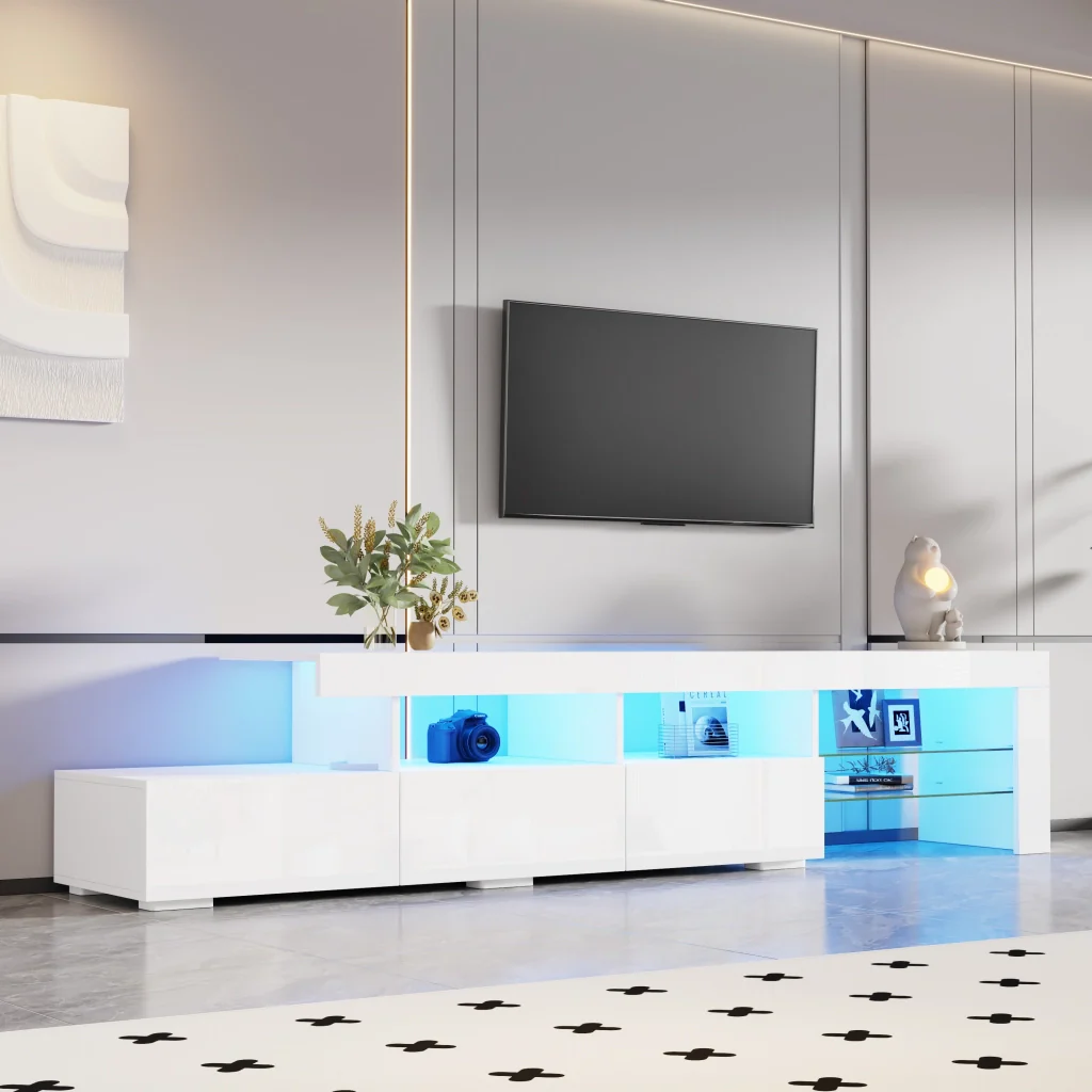 Mobile TV lucido, illuminazione a LED, 3 cassetti, adatto a televisori da 75 pollici, bianco - Image 3