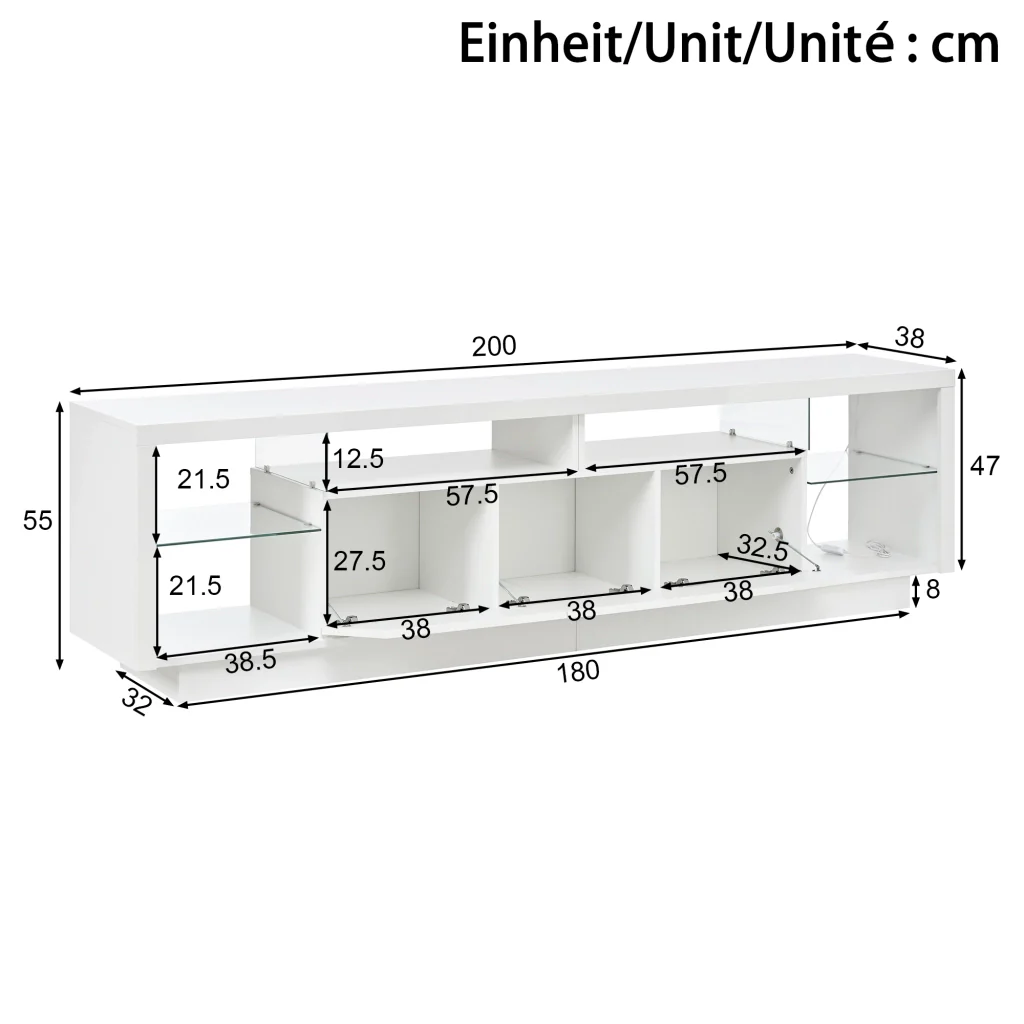 Mobile TV lucido, in truciolato, con ripiani in vetro, illuminazione a LED, bianco - Image 10