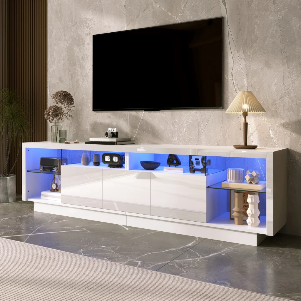 Mobile TV lucido, in truciolato, con ripiani in vetro, illuminazione a LED, bianco - Image 2