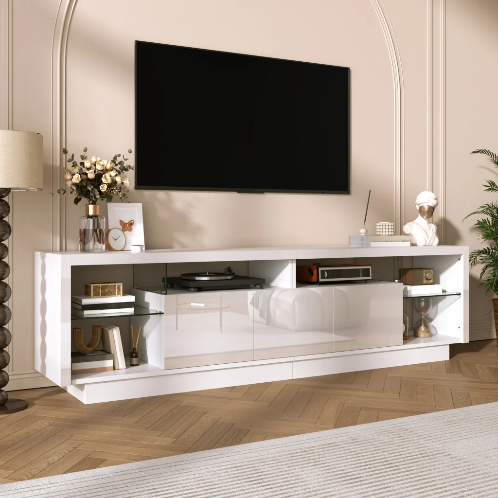 Mobile TV lucido, in truciolato, con ripiani in vetro, illuminazione a LED, bianco - Image 3
