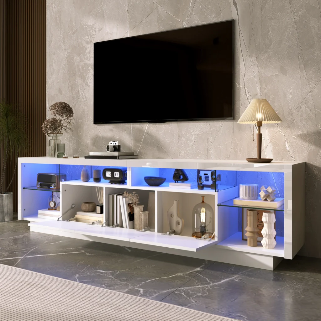 Mobile TV lucido, in truciolato, con ripiani in vetro, illuminazione a LED, bianco - Image 4