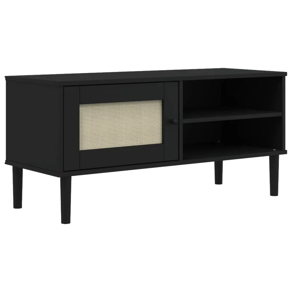 Mobile TV SENJA Aspetto Rattan Nero 106x40x49 cm Massello Pino 358042 - Image 2