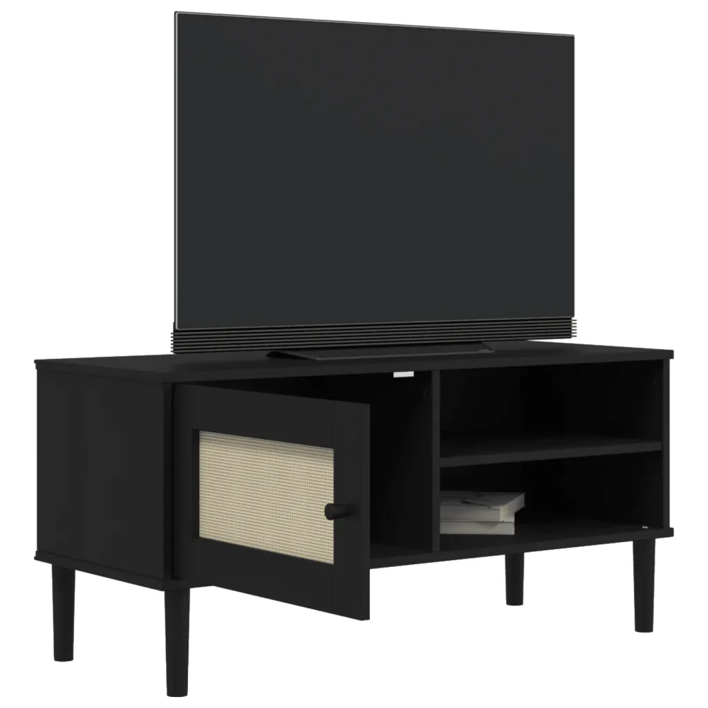 Mobile TV SENJA Aspetto Rattan Nero 106x40x49 cm Massello Pino 358042 - Image 4