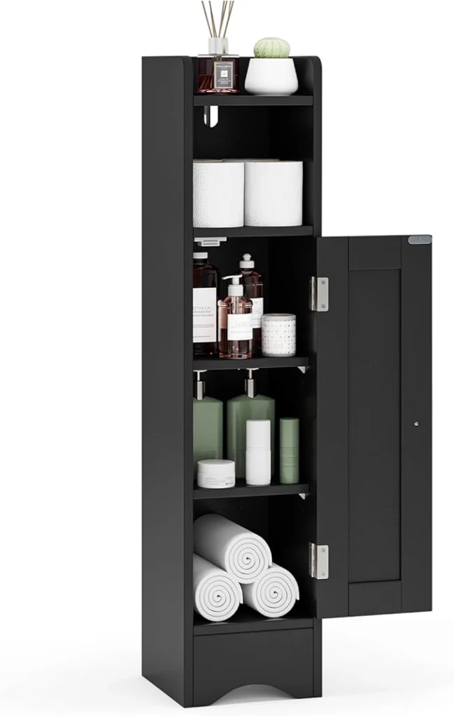 Mobiletto per Bagno Piccolo, Armadietto Salvaspazio da Terra Angolare con Porta e Ripiani Regolabili, Porta Carta Igienica Stretto, Mobiletto per Soggiorno, Cucina e Ingresso (Nero)